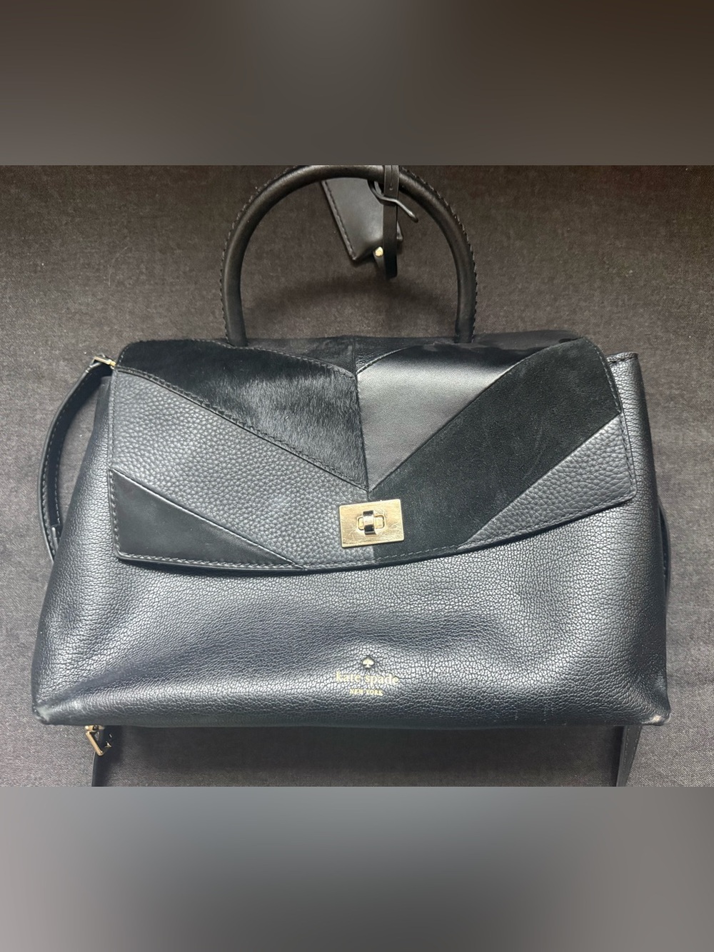 kate spade Black Mixed-Leather Patchwork Satchel with Gold Hardware